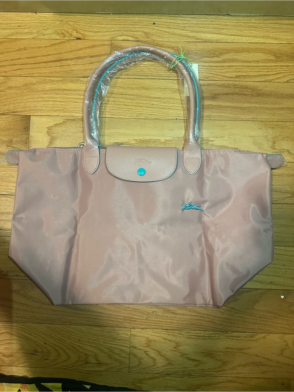 Longchamp Blush Pink Nylon Tote with Teal Accent
